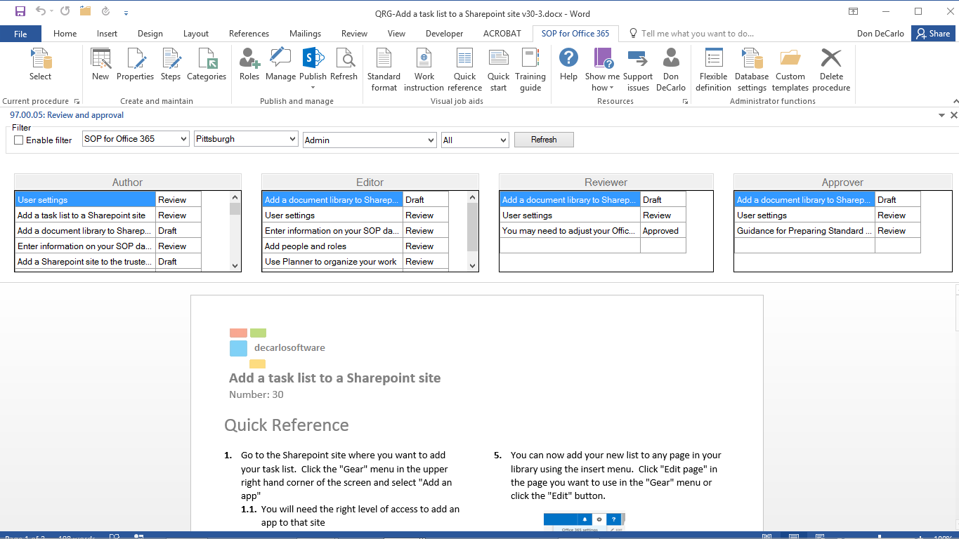 Sop for office 365 decarlo software